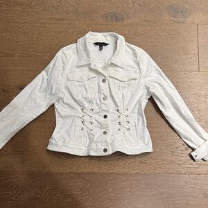 White House Black Market White Denim Jacket Lace-Up Waist Fitted Size L
